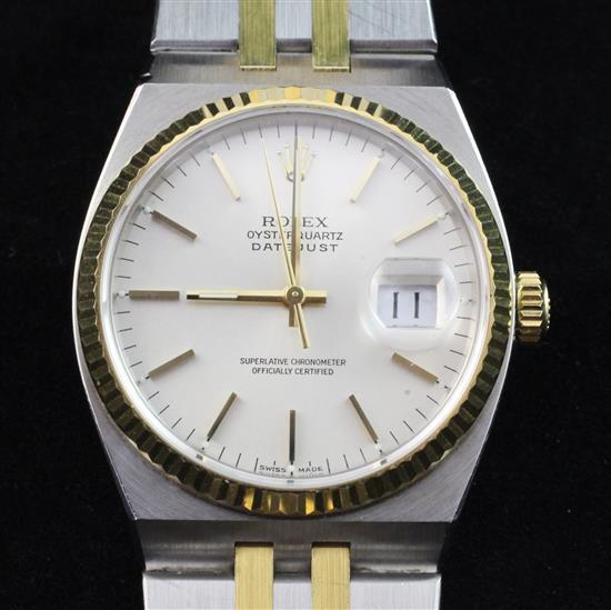 A gentlemans 1990s steel and gold Rolex Oyster Quartz Datejust wrist watch, no box or paperwork.